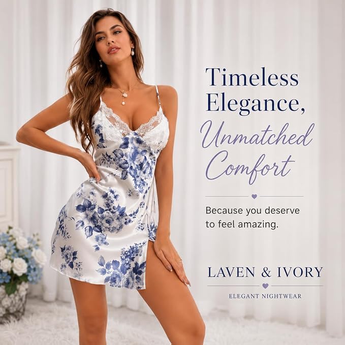 A woman models a short satin slip dress with a blue floral print on a white background, posed against a soft white curtain backdrop with promotional text on the right reading 'Timeless Elegance, Unmatched Comfort' and 'LAVEN & IVORY'.