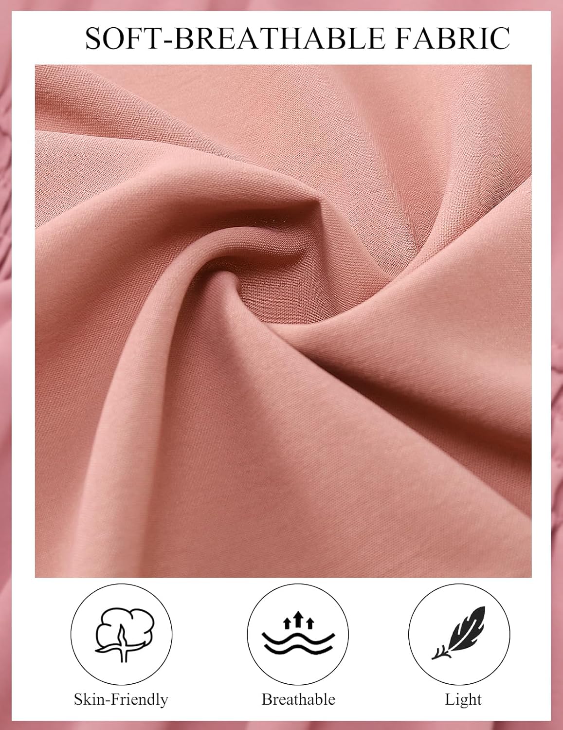 Close-up of Blush fabric showcasing its soft and breathable texture. Features icons highlighting skin-friendly, breathable, and lightweight properties. Text overlay reads 'SOFT-BREATHABLE FABRIC' at the top.
