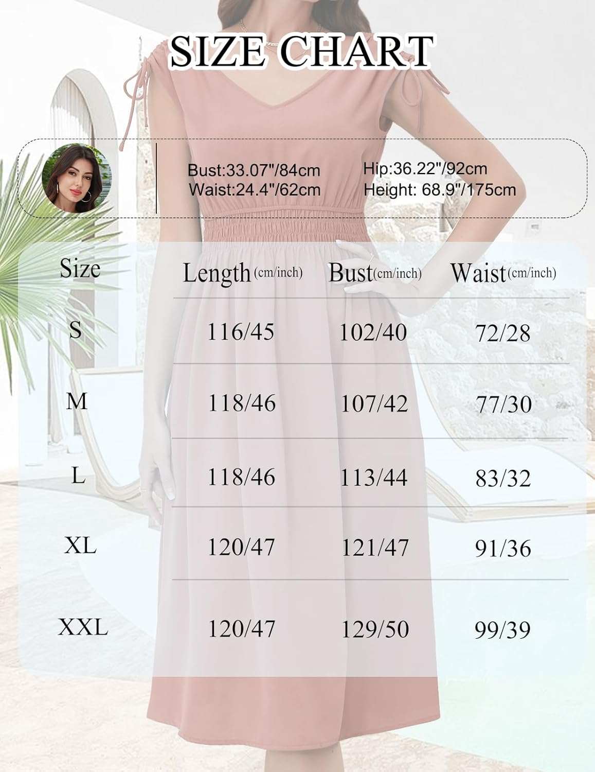 Size chart for a Blush dress, showing measurements in centimeters and inches for sizes S to XXL. Includes length, bust, and waist dimensions, along with a model’s body stats (bust, waist, hip, height). Displayed in a table format with a faded background image of the dress.