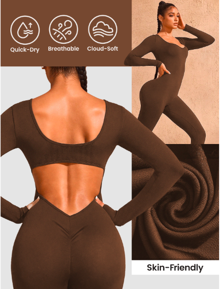 Women's Seamless Hollow Back Long Sleeve Jumpsuit – High Waisted Yoga Catsuit for Fitness & Studio | Stretchy, Backless Activewear