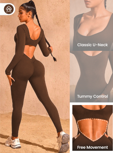 Women's Seamless Hollow Back Long Sleeve Jumpsuit – High Waisted Yoga Catsuit for Fitness & Studio | Stretchy, Backless Activewear