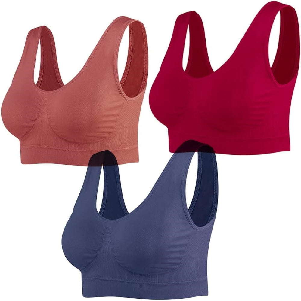 3-Pack Seamless Wirefree Racerback Sports Bras for Women – Medium Impact Yoga Bra with Removable Pads | Inclusive Sizes S-4XL