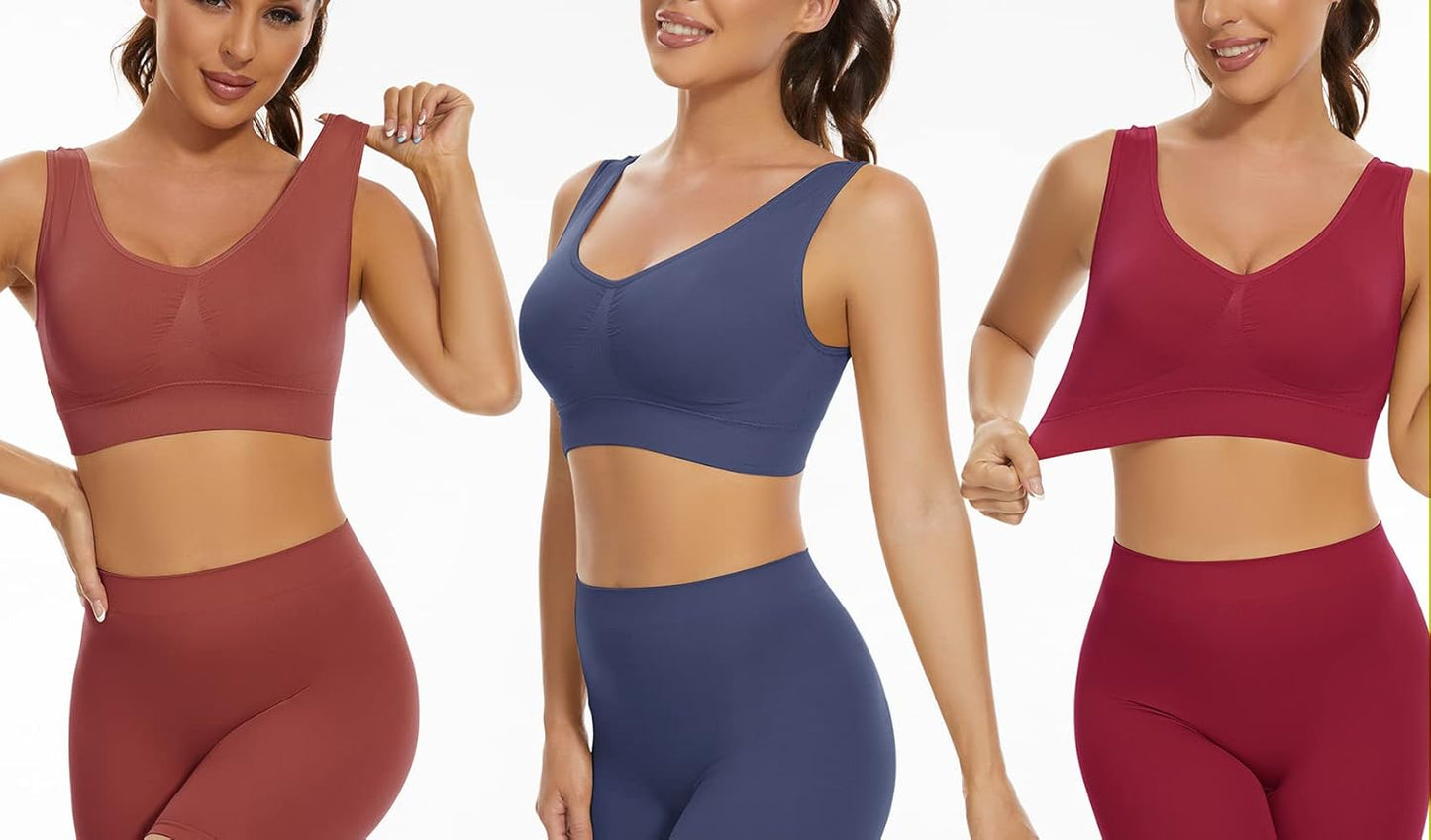 3-Pack Seamless Wirefree Racerback Sports Bras for Women – Medium Impact Yoga Bra with Removable Pads | Inclusive Sizes S-4XL