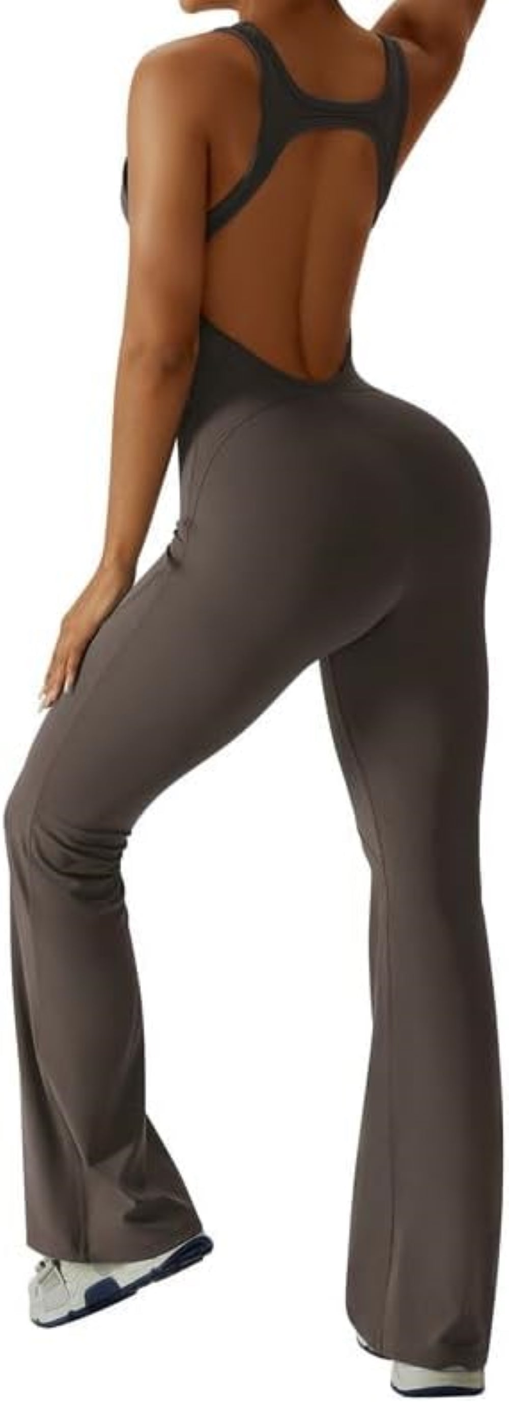 Women's Flared Jumpsuit – Sexy Backless Tight Fitted Sleeveless Racerback Bodysuit with U-Neck and Removable Padding – Wide-Leg Bodycon Unitard Outfit for Yoga and Fitness