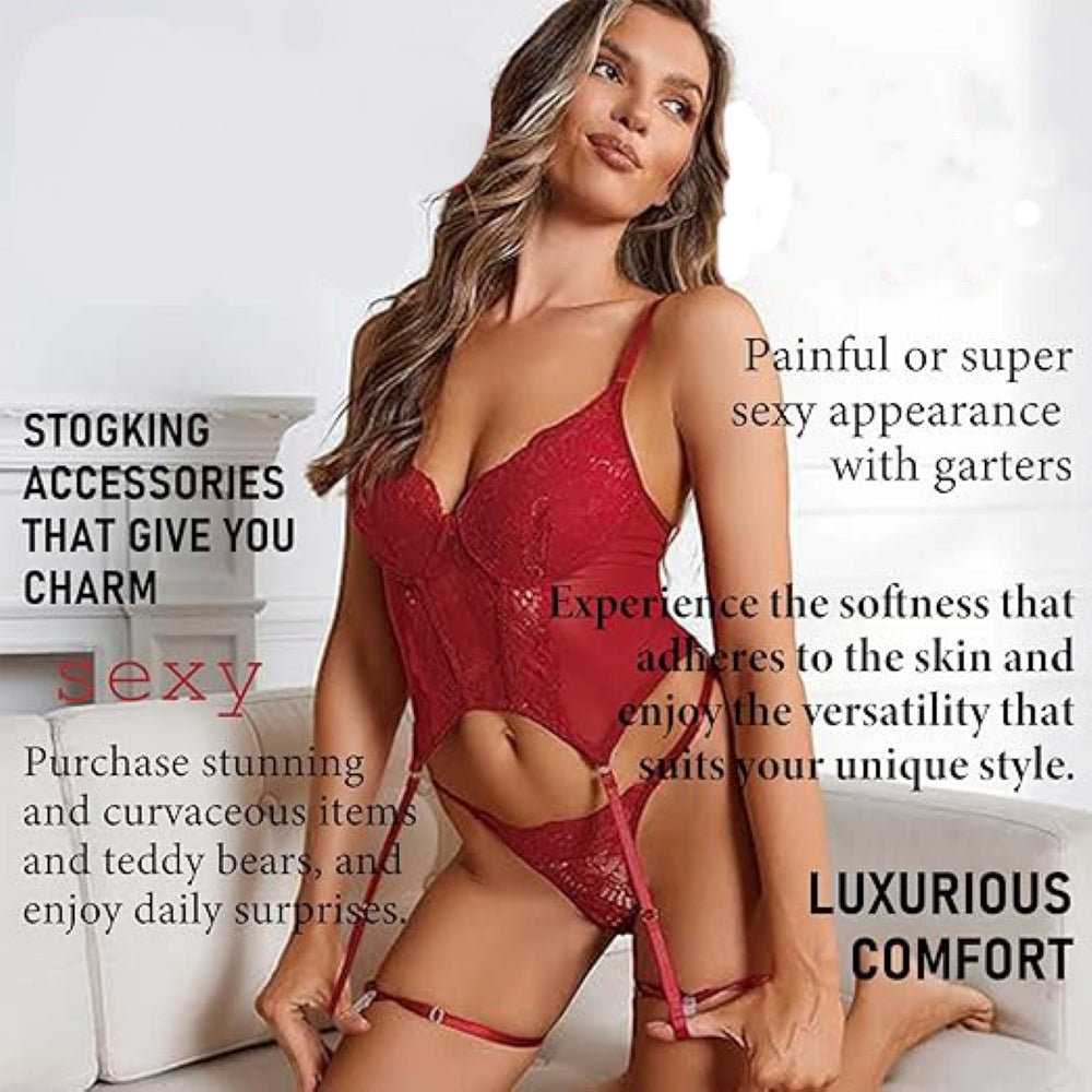 Women’s 3-Piece Sexy Floral Lace Lingerie Set | Underwire Push-Up Bra, High-Waisted Panties & Garter Belt | Wine Black Bridal Teddy Nightwear