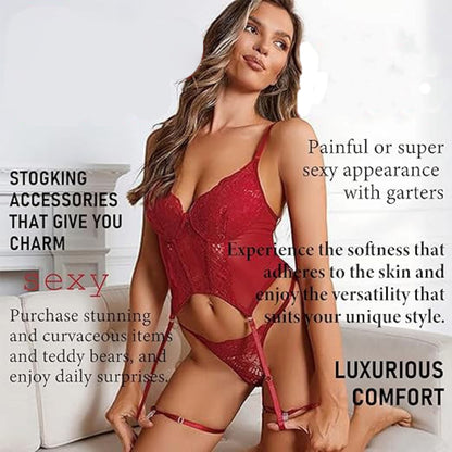 Women’s 3-Piece Sexy Floral Lace Lingerie Set | Underwire Push-Up Bra, High-Waisted Panties & Garter Belt | Wine Black Bridal Teddy Nightwear