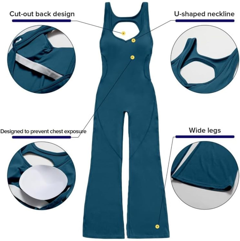 Women's Flared Jumpsuit – Sexy Backless Tight Fitted Sleeveless Racerback Bodysuit with U-Neck and Removable Padding – Wide-Leg Bodycon Unitard Outfit for Yoga and Fitness