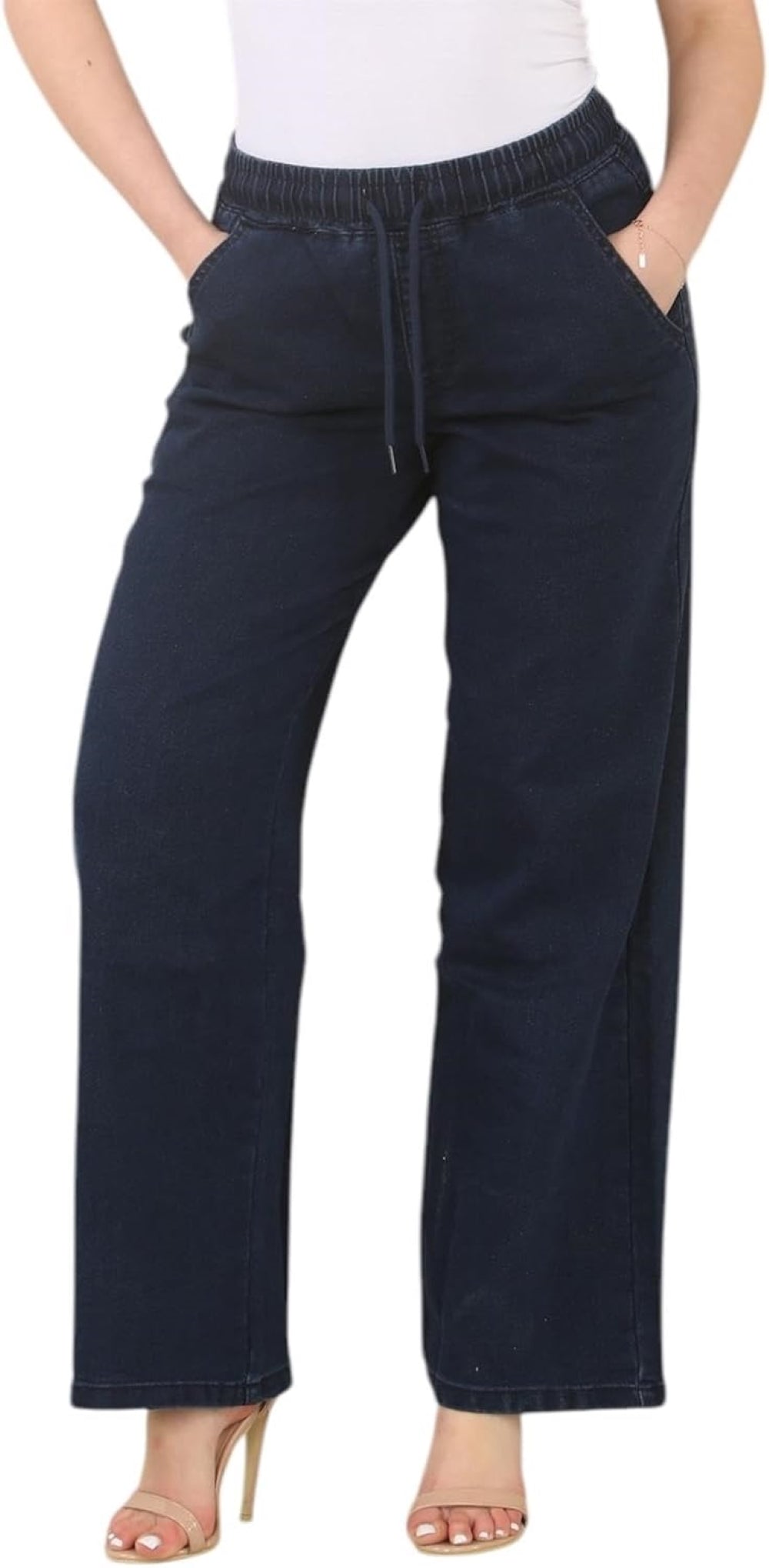 Dark Stonewash wide-leg pants with elastic waistband and drawstring, featuring front pockets and a straight-leg fit.