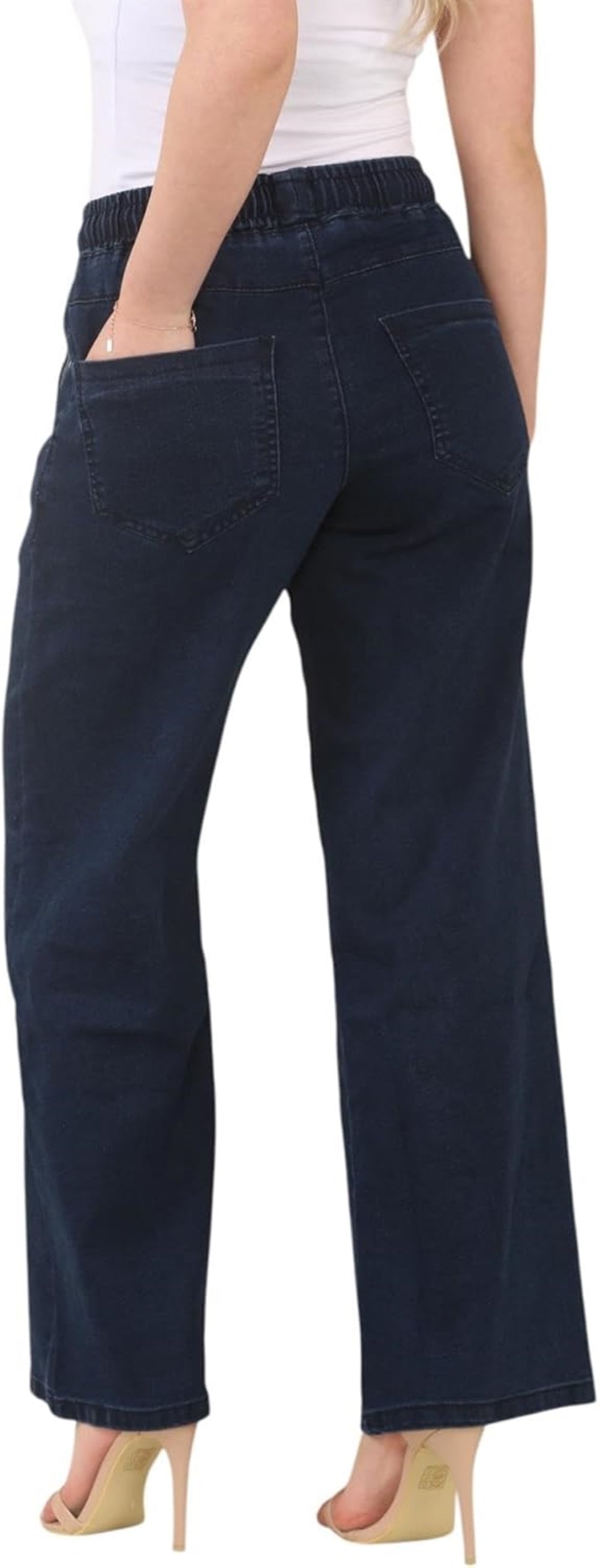 Dark Stonewash wide-leg pants with elastic waistband and back pockets, paired with a white tank top and beige high-heeled sandals.