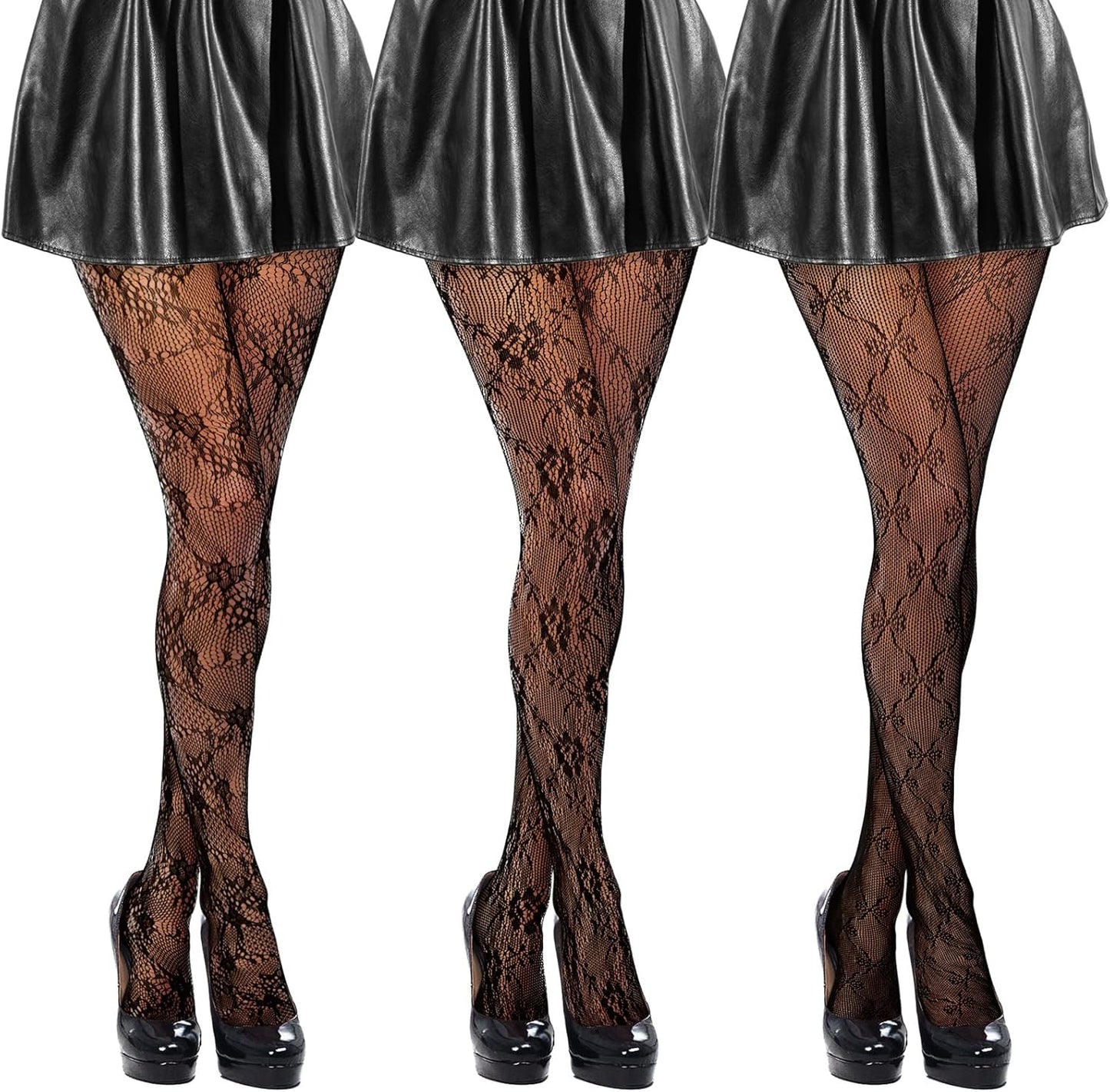 3-Pack Women's High-Waist Patterned Tights – Floral & Lace Fishnet Pantyhose for Cosplay, Festivals, and Everyday Wear