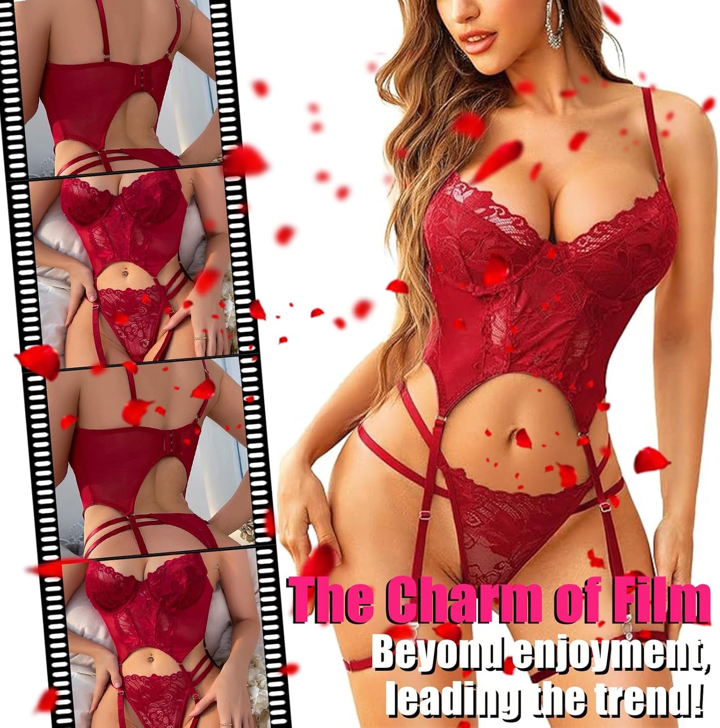 Women’s 3-Piece Sexy Floral Lace Lingerie Set | Underwire Push-Up Bra, High-Waisted Panties & Garter Belt | Wine Black Bridal Teddy Nightwear