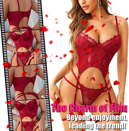 Women’s 3-Piece Sexy Floral Lace Lingerie Set | Underwire Push-Up Bra, High-Waisted Panties & Garter Belt | Wine Black Bridal Teddy Nightwear