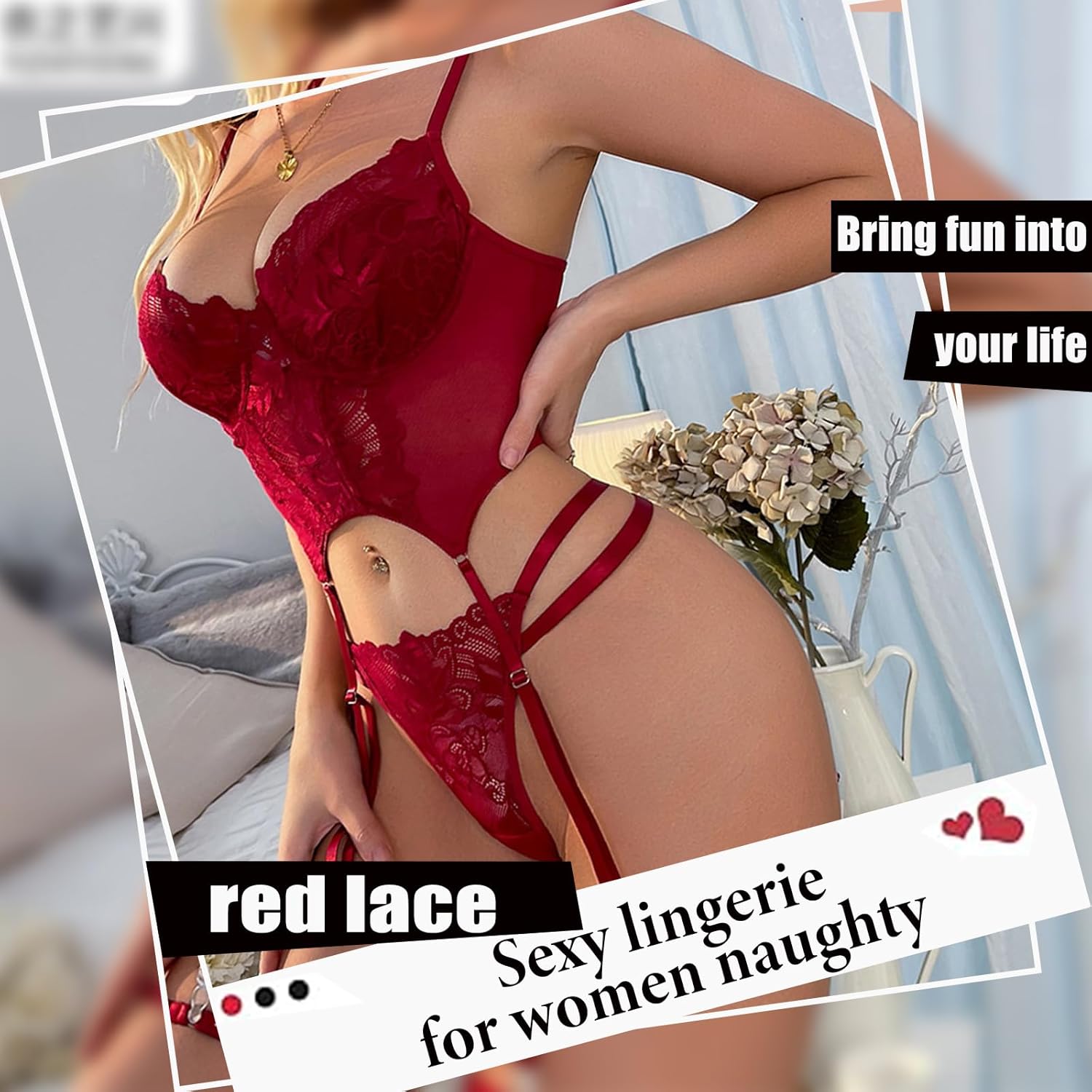Women's 3-Piece Sexy Floral Lace Lingerie Set | Underwire Push-Up Bra, Laven & Ivory Women's 3-Piece Sexy Floral Lace Lingerie Set | Underwire Push-Up Bra, Laven & Ivory