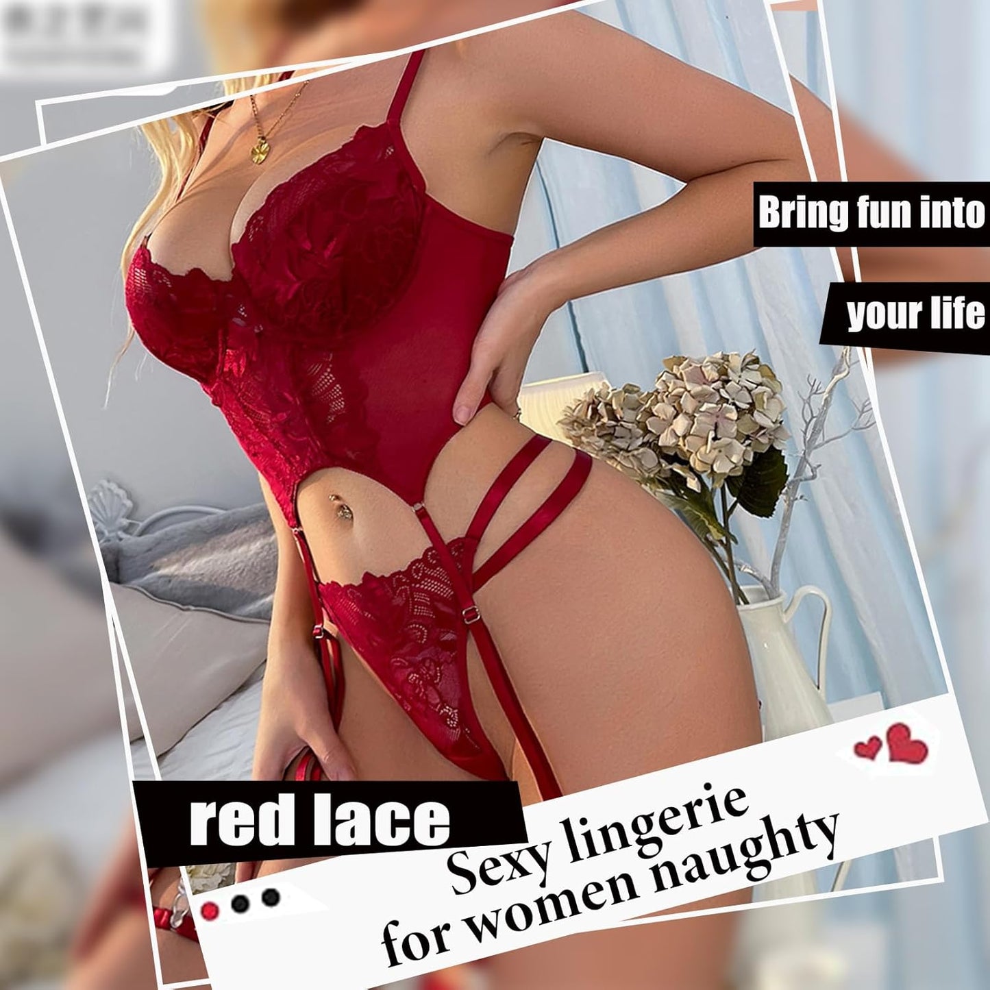 Women’s 3-Piece Sexy Floral Lace Lingerie Set | Underwire Push-Up Bra, High-Waisted Panties & Garter Belt | Wine Black Bridal Teddy Nightwear