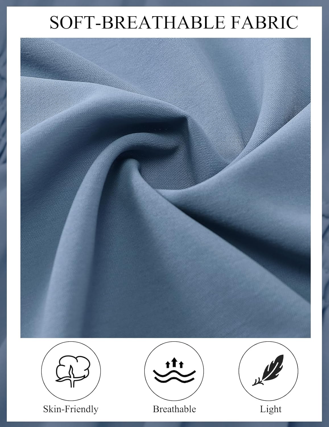 Denim-Blue fabric swatch with text 'SOFT-BREATHABLE FABRIC' and icons indicating skin-friendly, breathable, and light properties.
