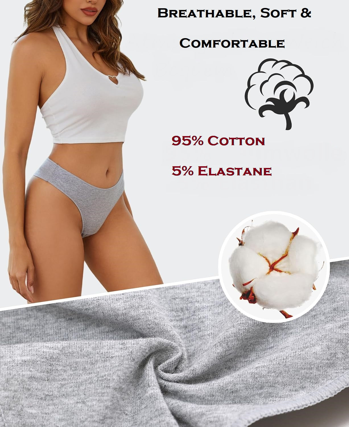 UK Underwear Women's Soft Cotton Thongs – 6 Pack, Breathable and Seamless Hipster Knickers, No VPL, Everyday Comfort