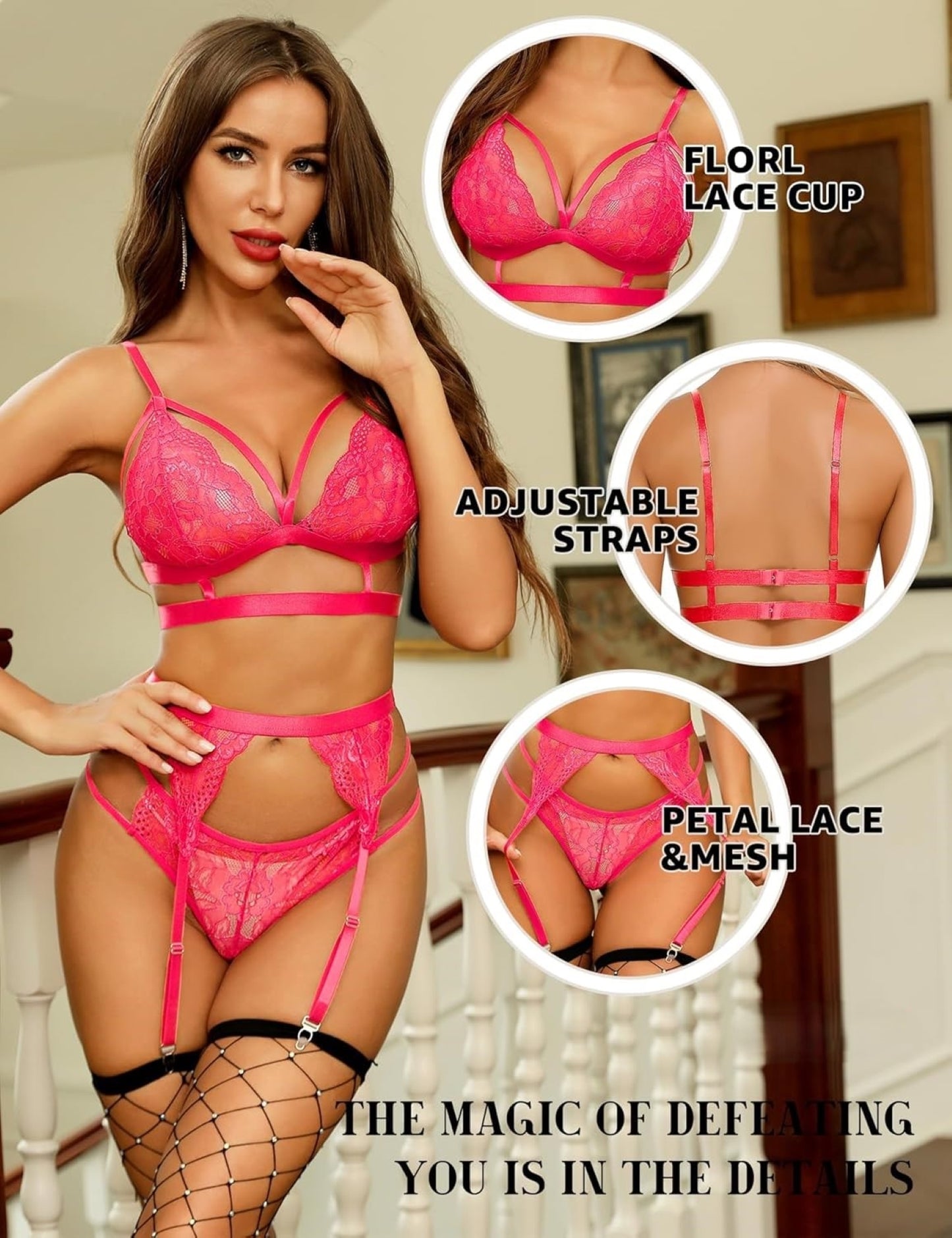 Elegant Floral Lace 3-Piece Lingerie Set – Bra, Thong & Adjustable Garter Belt (UK S–XXL) – Valentine's Day Multi-Colour Lingerie for Women