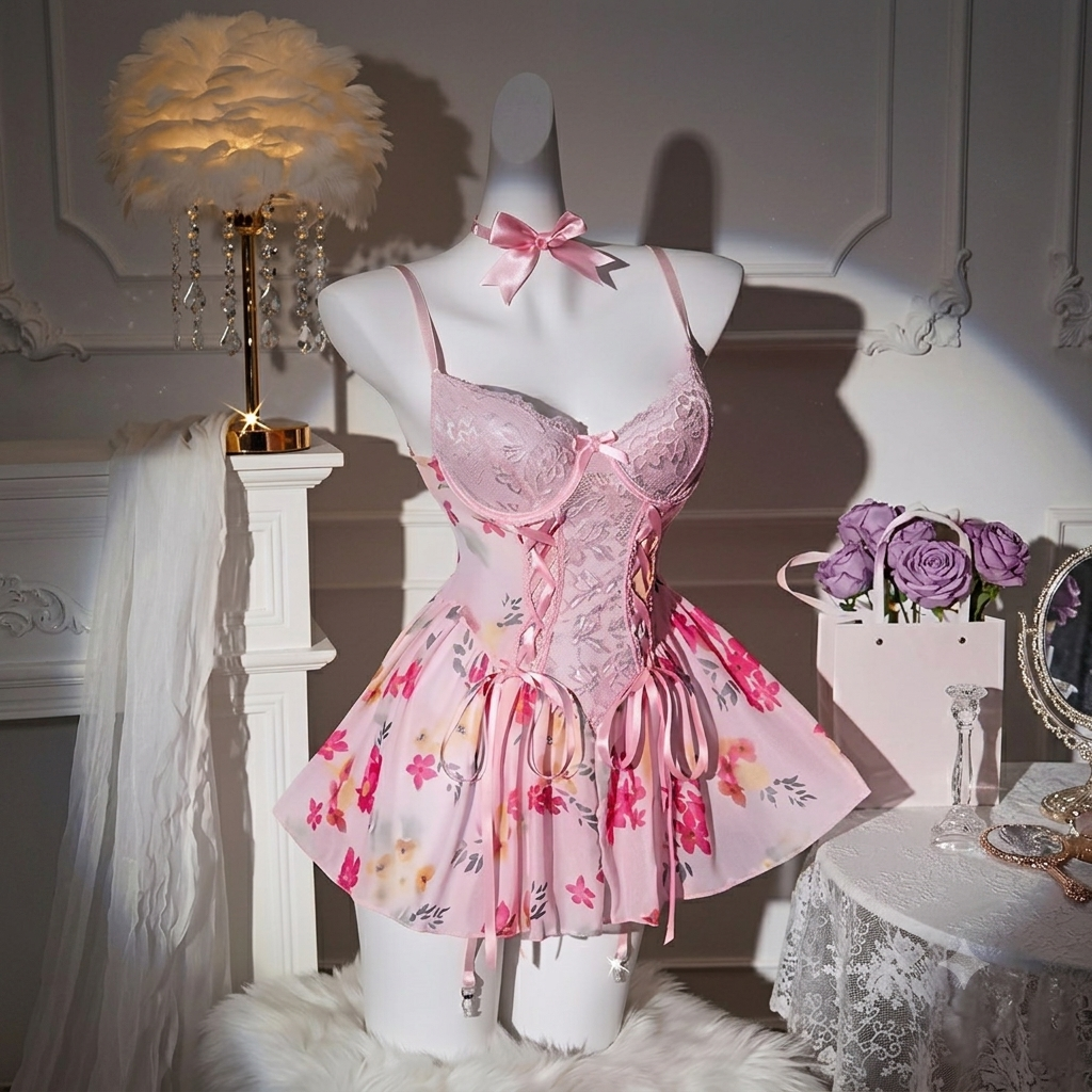 Laven & Ivory pink lace babydoll nightdress on mannequin with suspenders