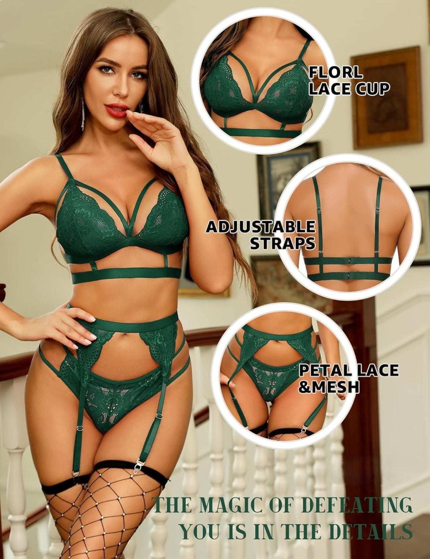 Elegant Floral Lace 3-Piece Lingerie Set – Bra, Thong & Adjustable Garter Belt (UK S–XXL) – Valentine's Day Multi-Colour Lingerie for Women