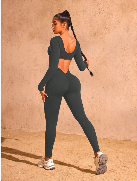 Women's Seamless Hollow Back Long Sleeve Jumpsuit – High Waisted Yoga Catsuit for Fitness & Studio | Stretchy, Backless Activewear