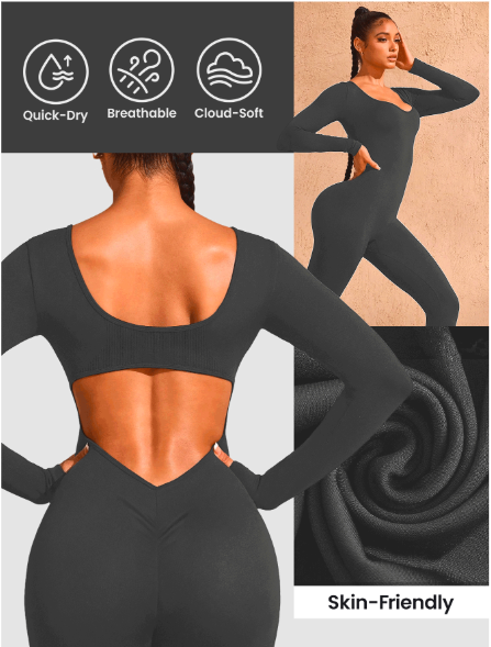 Women's Seamless Hollow Back Long Sleeve Jumpsuit – High Waisted Yoga Catsuit for Fitness & Studio | Stretchy, Backless Activewear