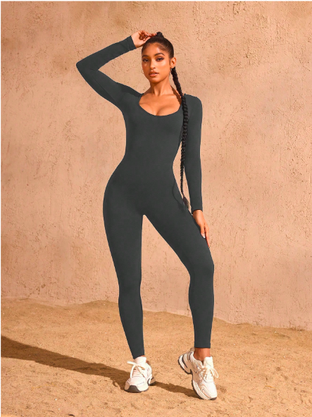 Women's Seamless Hollow Back Long Sleeve Jumpsuit – High Waisted Yoga Catsuit for Fitness & Studio | Stretchy, Backless Activewear