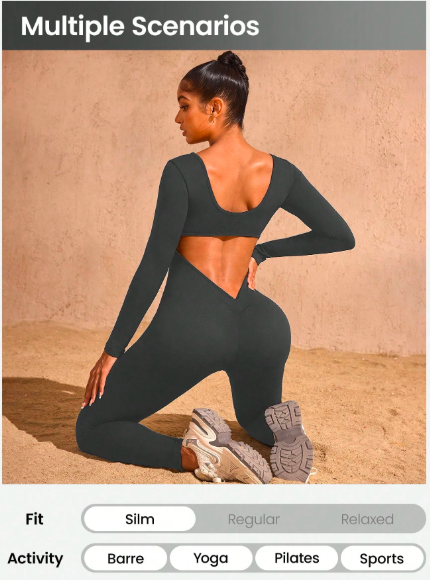 Women's Seamless Hollow Back Long Sleeve Jumpsuit – High Waisted Yoga Catsuit for Fitness & Studio | Stretchy, Backless Activewear