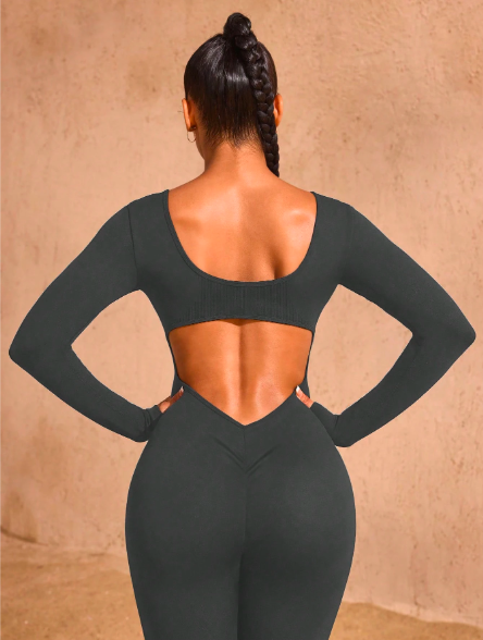 Women's Seamless Hollow Back Long Sleeve Jumpsuit – High Waisted Yoga Catsuit for Fitness & Studio | Stretchy, Backless Activewear