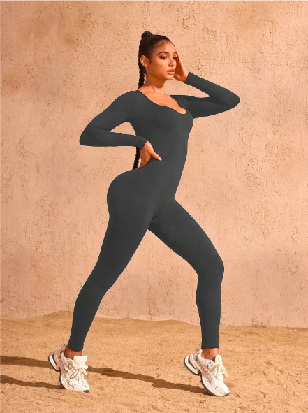 Women's Seamless Hollow Back Long Sleeve Jumpsuit – High Waisted Yoga Catsuit for Fitness & Studio | Stretchy, Backless Activewear