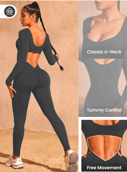 Women's Seamless Hollow Back Long Sleeve Jumpsuit – High Waisted Yoga Catsuit for Fitness & Studio | Stretchy, Backless Activewear