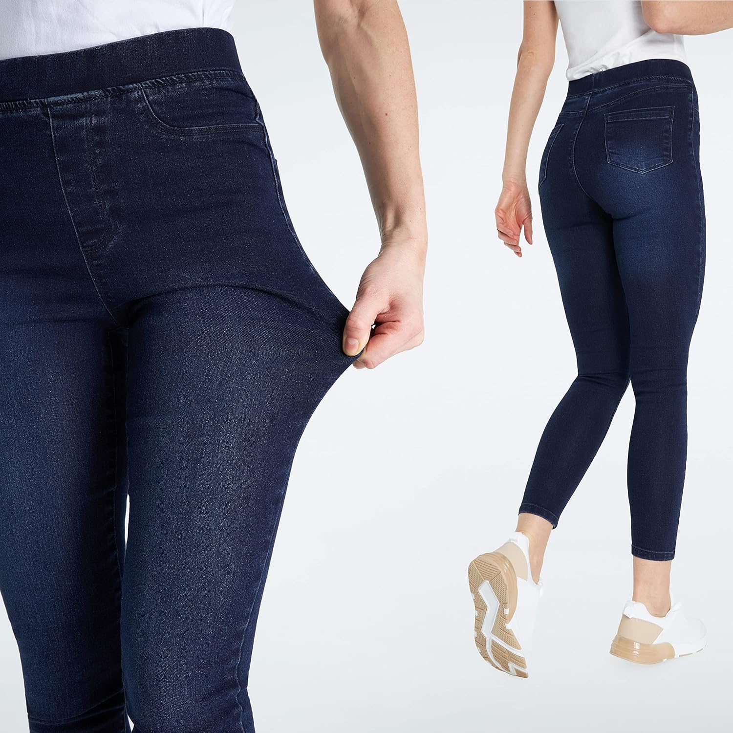 Indigo-Blue stretchy denim jegging with high waistband and functional pockets, paired with white sneakers.