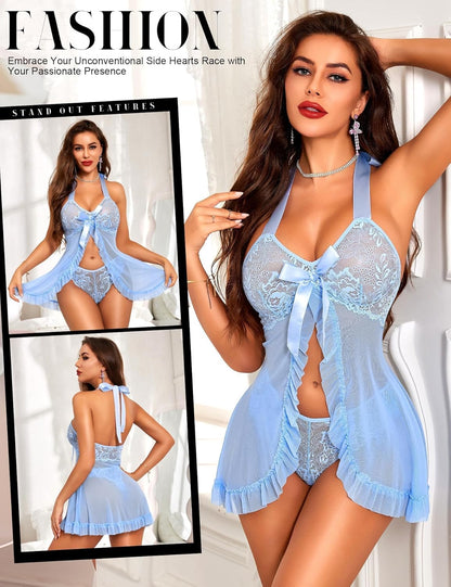 Light blue lace babydoll lingerie set with halter neck, satin bow at waist, sheer sleeves, scalloped hem, and matching lace panties. Elegant, flirty design for a romantic allure