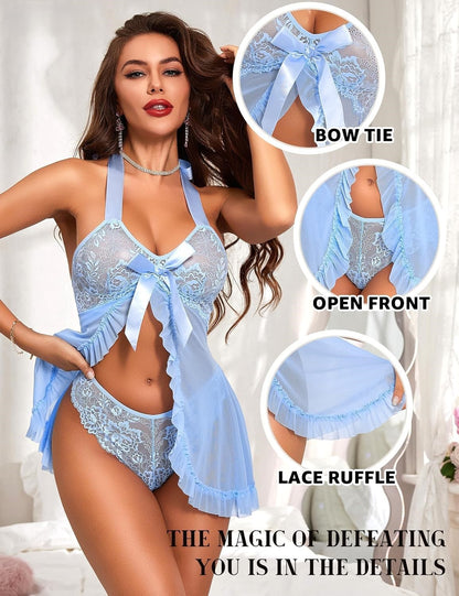 Light blue lace babydoll lingerie set with halter neck, satin bow at waist, sheer sleeves, scalloped hem, and matching lace panties. Elegant, flirty design for a romantic allure