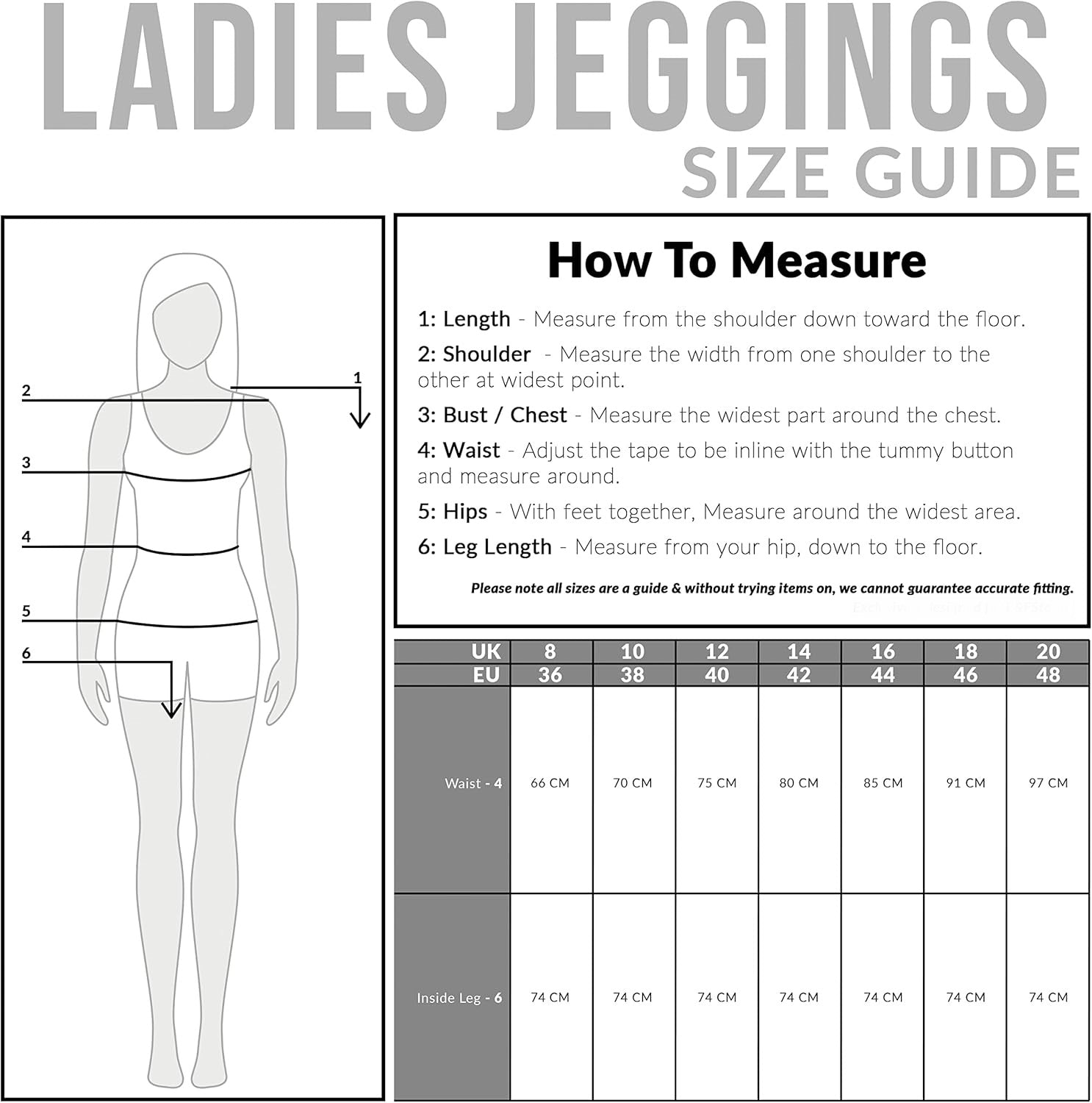 Ladies jeggings size guide showing measurement instructions and size chart with UK/EU sizes and corresponding waist and inside leg measurements
