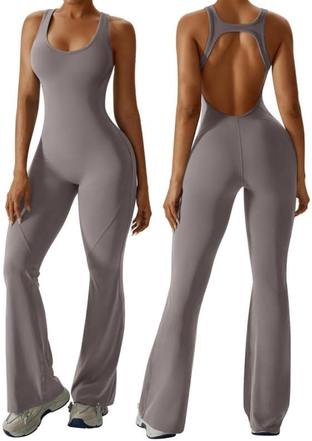 Women's Flared Jumpsuit – Sexy Backless Tight Fitted Sleeveless Racerback Bodysuit with U-Neck and Removable Padding – Wide-Leg Bodycon Unitard Outfit for Yoga and Fitness