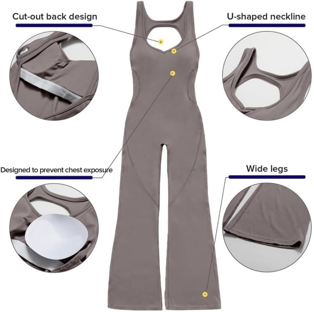 Women's Flared Jumpsuit – Sexy Backless Tight Fitted Sleeveless Racerback Bodysuit with U-Neck and Removable Padding – Wide-Leg Bodycon Unitard Outfit for Yoga and Fitness