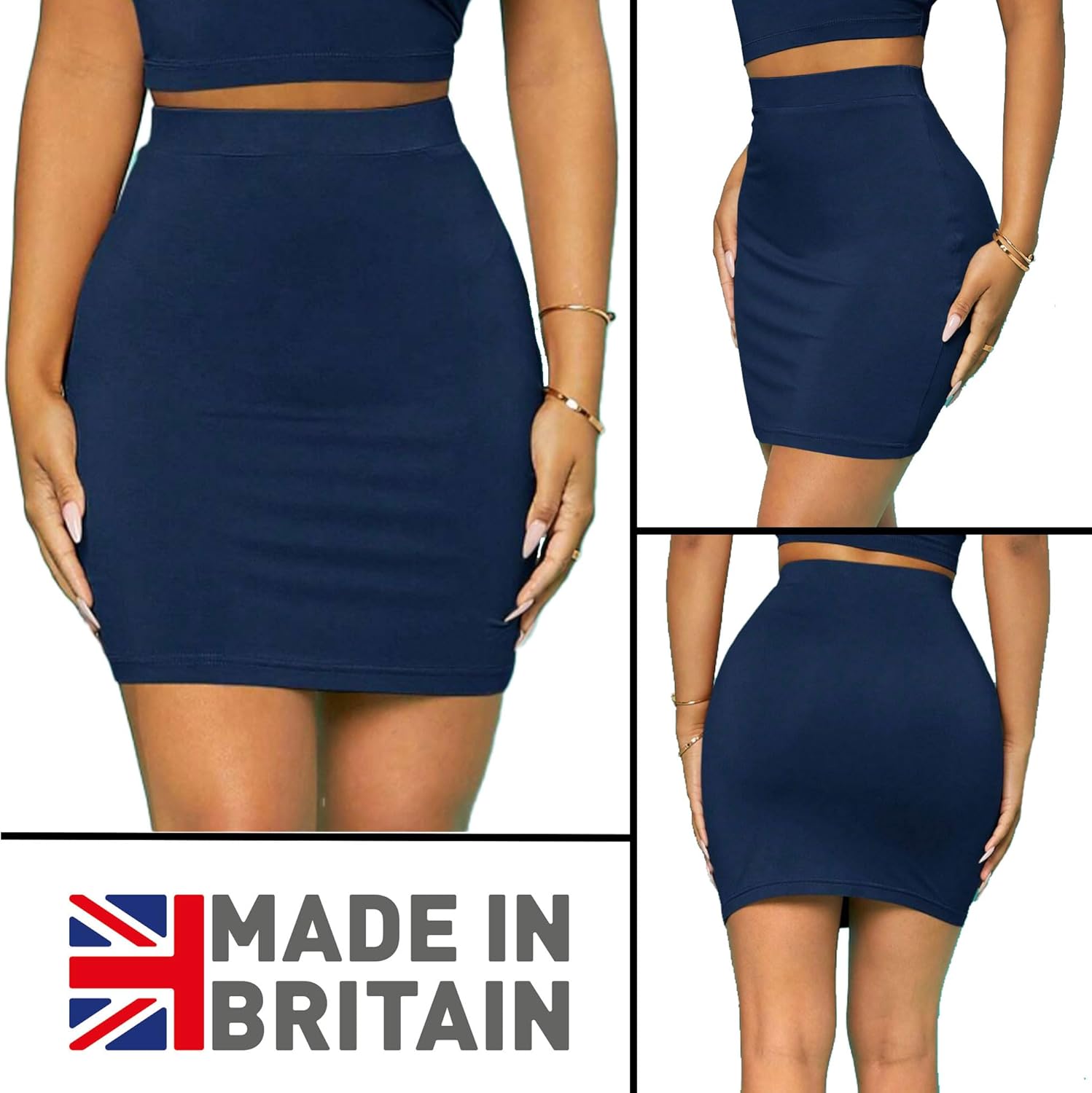 Navy mini skirt with smooth fabric, elastic waistband, and form-fitting design. Simple, solid color style for everyday wear