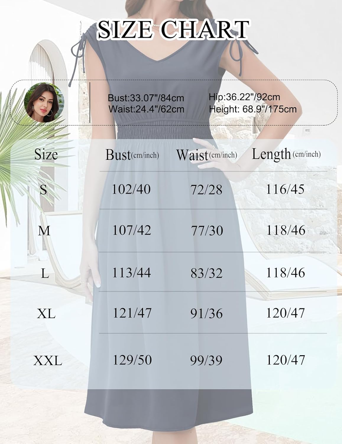 Size chart for a Navy midi dress, showing measurements in centimeters and inches for sizes S to XXL. Includes length, bust, and waist dimensions, along with a model’s body stats (bust, waist, hip, height). Displayed in a table format with a faded background image of the dress.