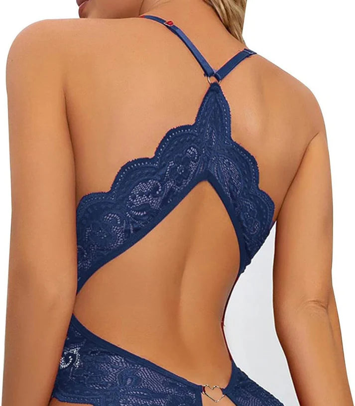 Laven & Ivory Deep V Floral Lace Halter Bodysuit