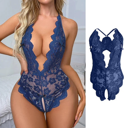 Laven & Ivory Deep V Floral Lace Halter Bodysuit