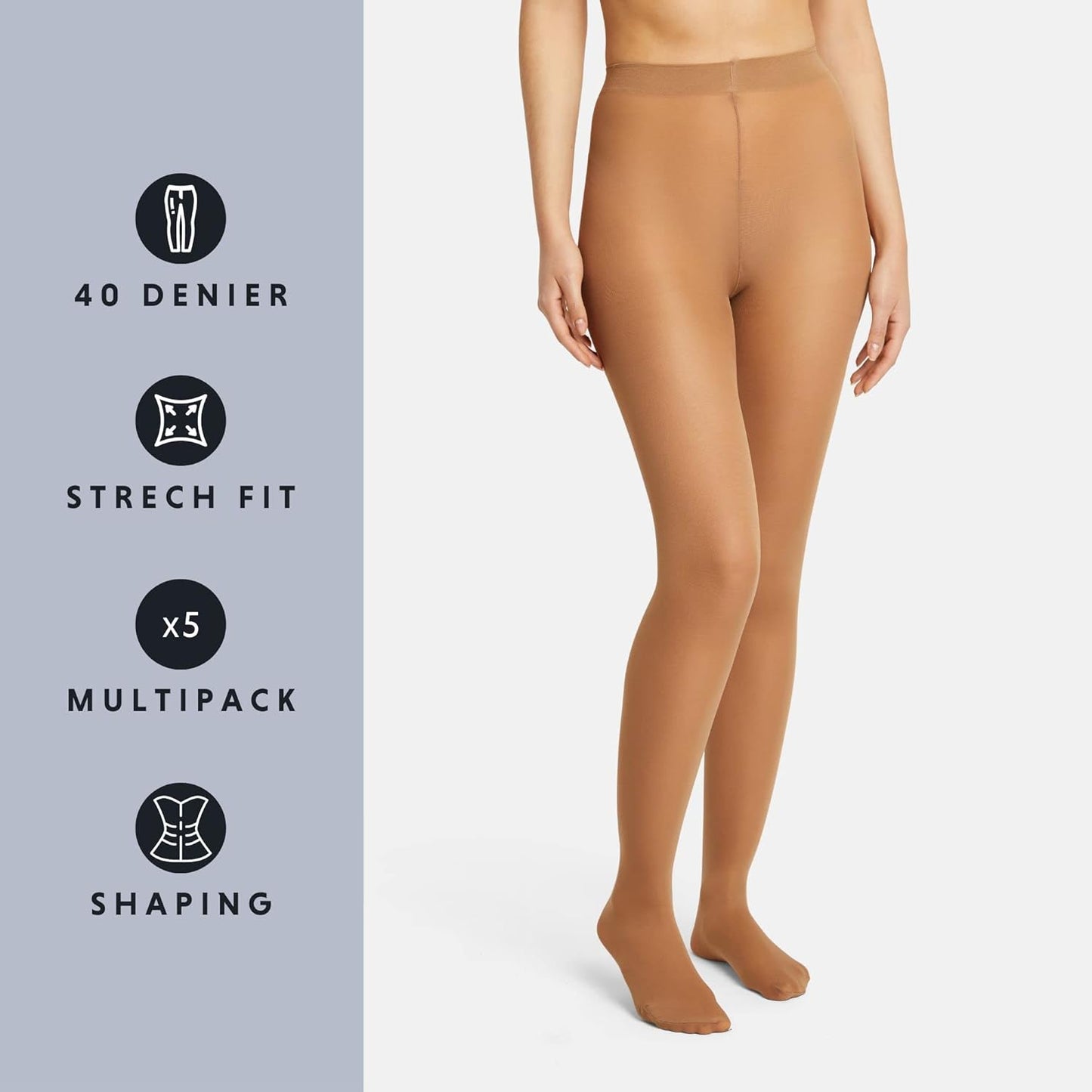 5-Pack Women’s High-Waisted Tummy Control Tights - 40 Denier Opaque Tights with Stretch Fit - Soft, Breathable & Anti-Odor - Black, Nude, Navy