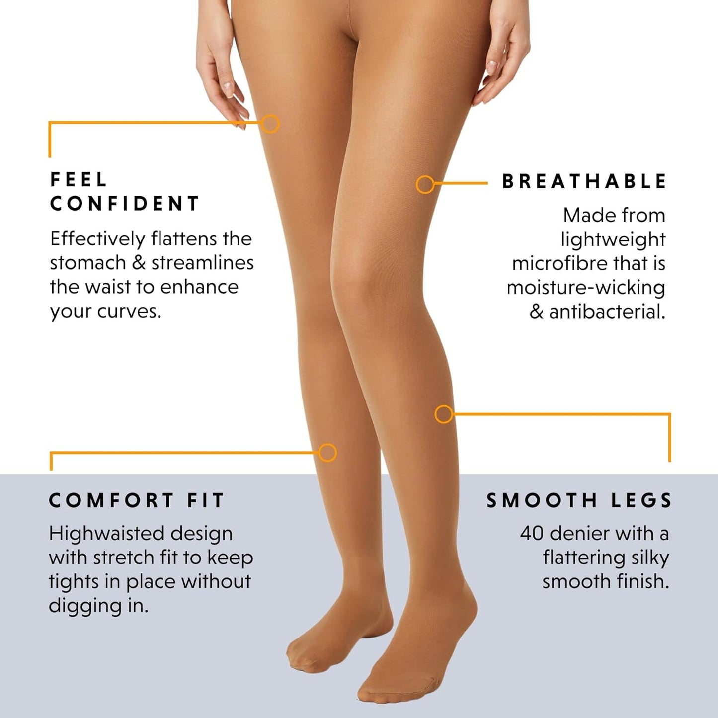 5-Pack Women’s High-Waisted Tummy Control Tights - 40 Denier Opaque Tights with Stretch Fit - Soft, Breathable & Anti-Odor - Black, Nude, Navy