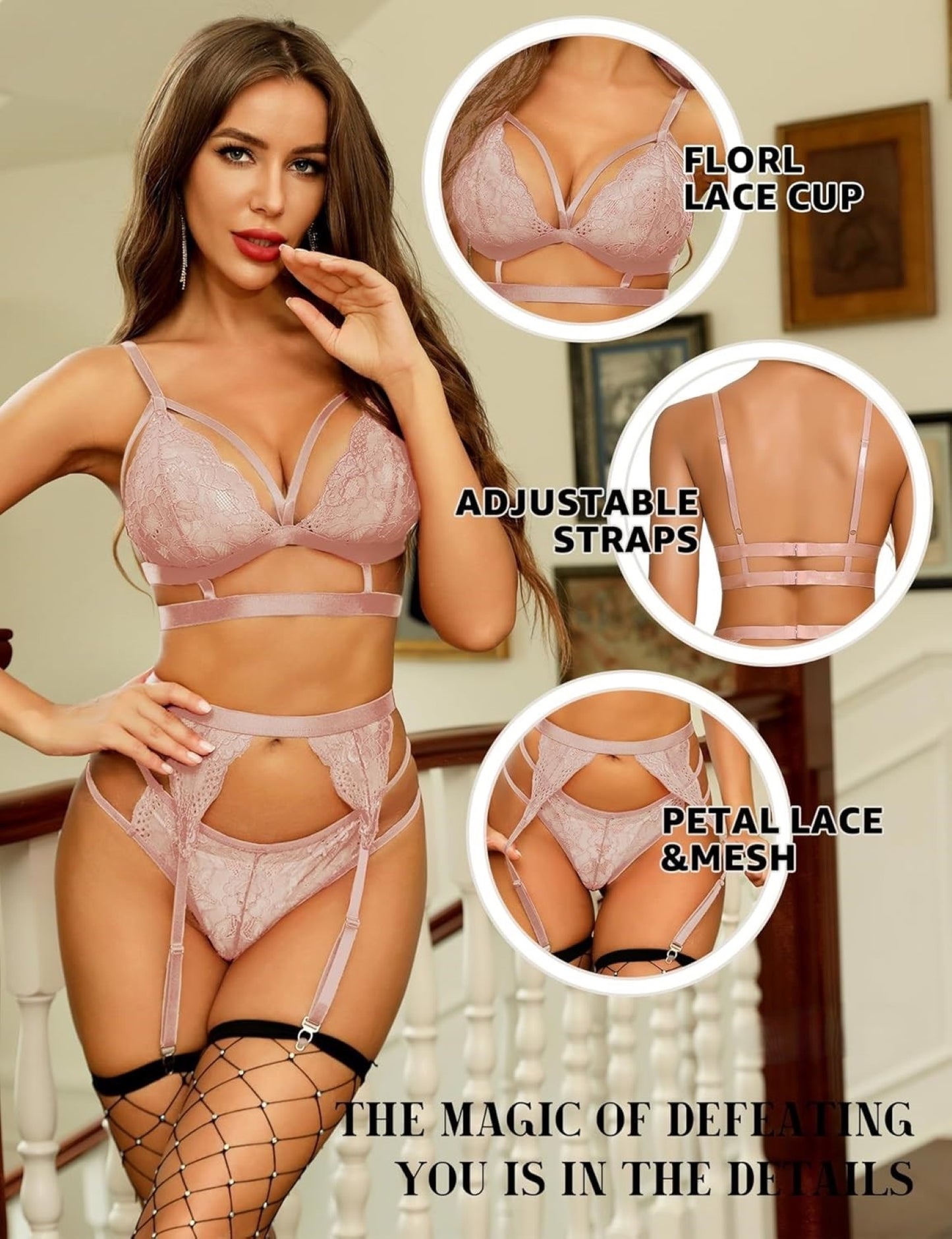 Elegant Floral Lace 3-Piece Lingerie Set – Bra, Thong & Adjustable Garter Belt (UK S–XXL) – Valentine's Day Multi-Colour Lingerie for Women