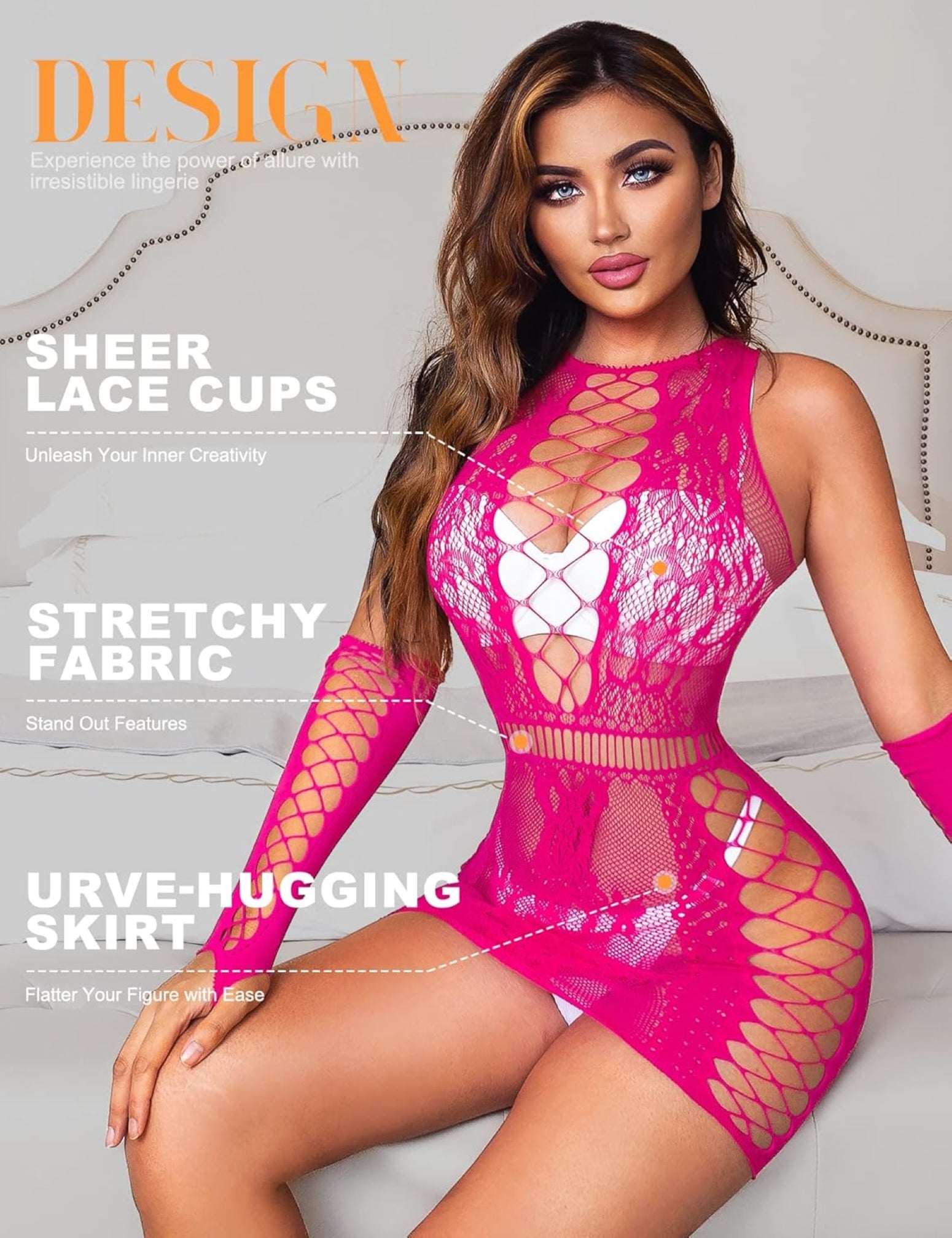 Pink lace fishnet dress with sheer cups, stretchy fabric, and curve-hugging skirt. The dress features long gloves and a vibrant color