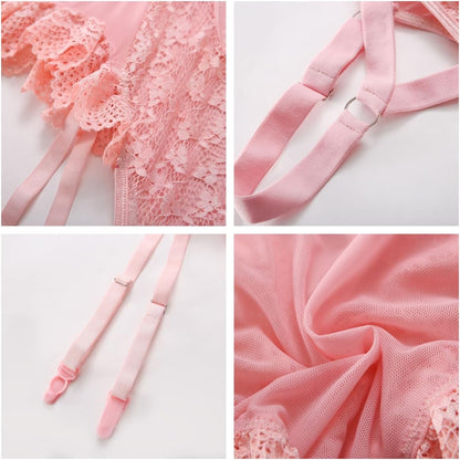 Pink lace lingerie bodysuit with floral lace panels, adjustable shoulder straps, ruffled hem, matching garter belt, and lace trim. Feminine design with a keyhole cutout and delicate detailing.