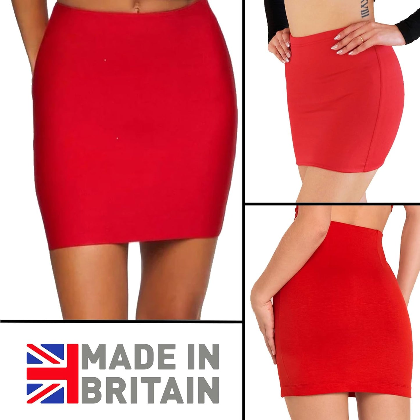 Red mini skirt with smooth fabric and elastic waistband. Classic, form-fitting design for versatile wear.