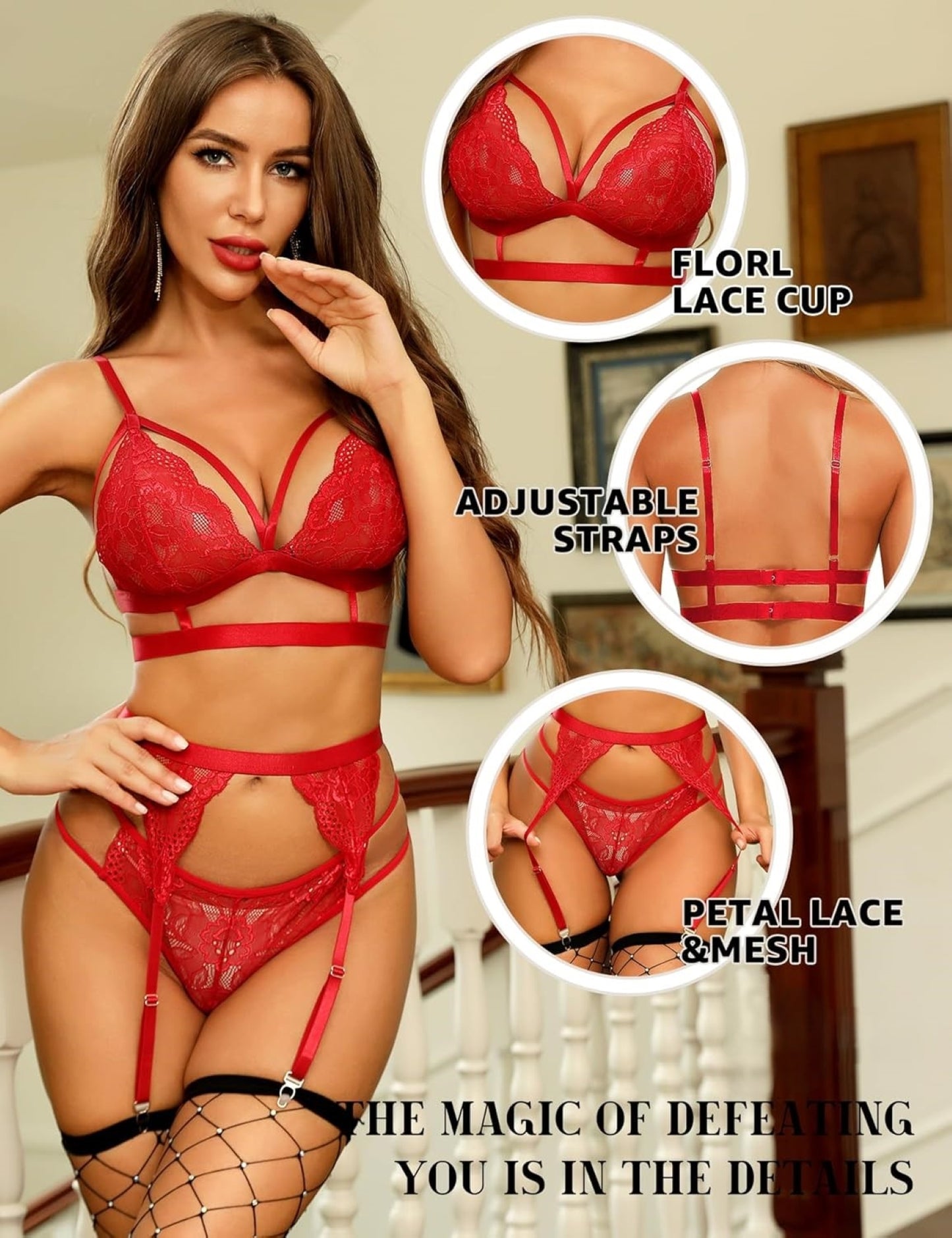 Elegant Floral Lace 3-Piece Lingerie Set – Bra, Thong & Adjustable Garter Belt (UK S–XXL) – Valentine's Day Multi-Colour Lingerie for Women