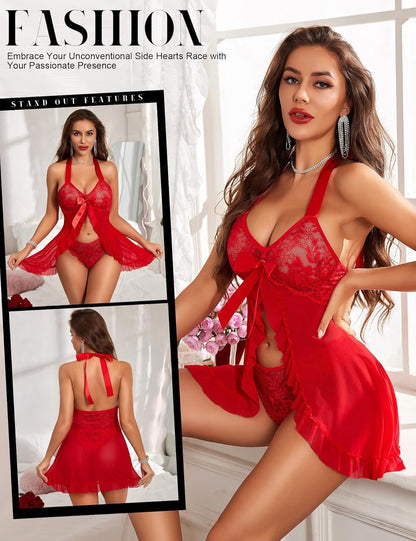 Red lace babydoll lingerie set with halter neck, ribbon bow at waist, sheer sleeves, scalloped hem, and matching lace panties. romantic design for bold confidence