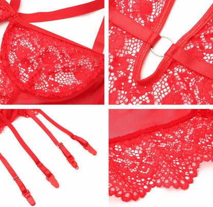 Red lace lingerie bodysuit with floral lace panels, adjustable shoulder straps, ruffled hem, matching garter belt, and lace trim. Feminine design with a keyhole cutout and delicate detailing.