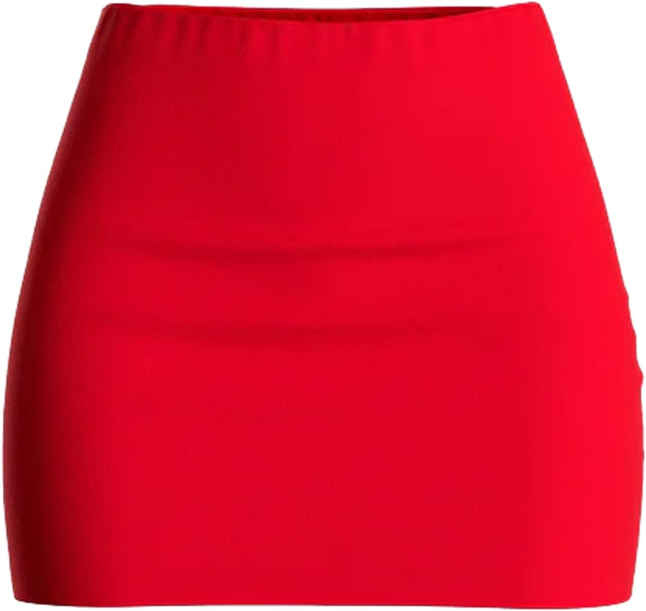 Red mini skirt with smooth fabric and elastic waistband. Classic, form-fitting design for versatile wear.